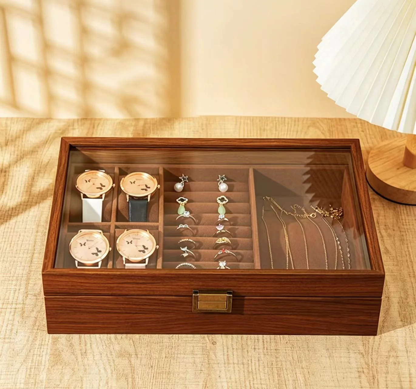 Wood-look jewelry presentation box with watch and accessory compartments